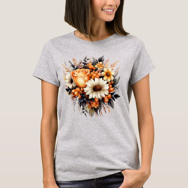 T-shirt Bouquet de fleurs gris-jaune orange (Devant)
