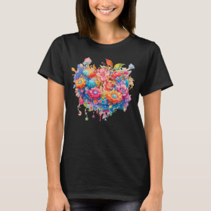 T-shirt Bouquet de fleurs orange et bleu Boho