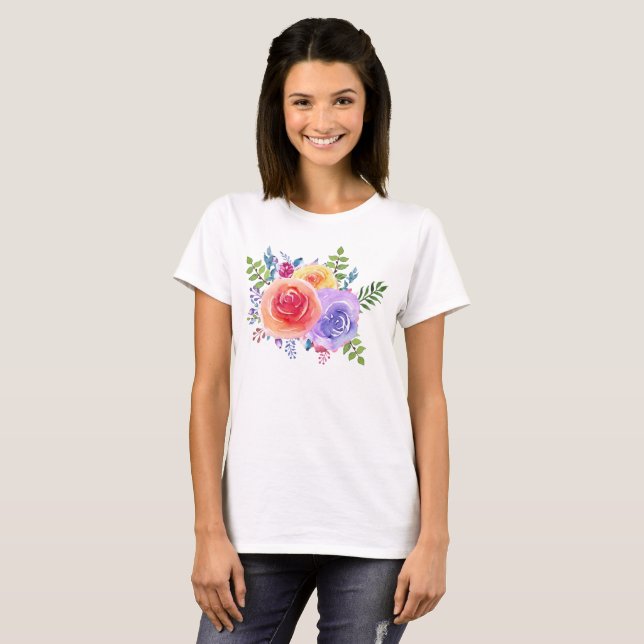 T-shirt Bouquet de fleurs Rose aquarelle (Devant entier)