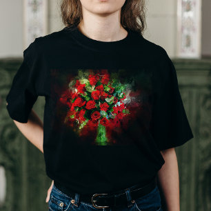 T-shirt Bouquet de roses rouges aquarelle sur fond noir