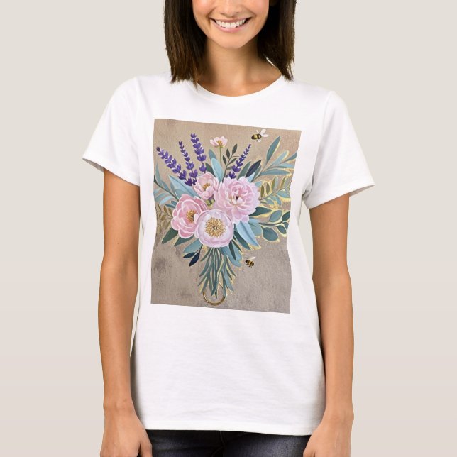 T-shirt Bouquet pivoines fleurs de lavande rustique (Devant)