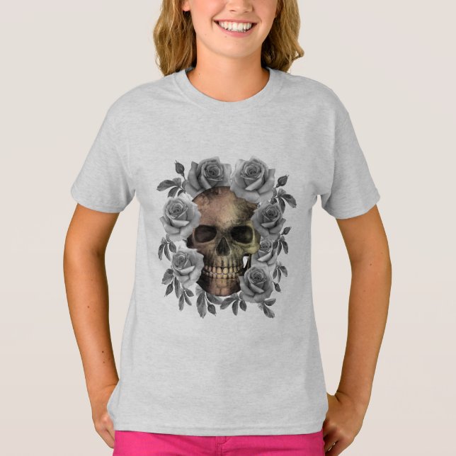 T-SHIRT BOUQUET SKULL FLEURS NOIR ET BLANC (Devant)