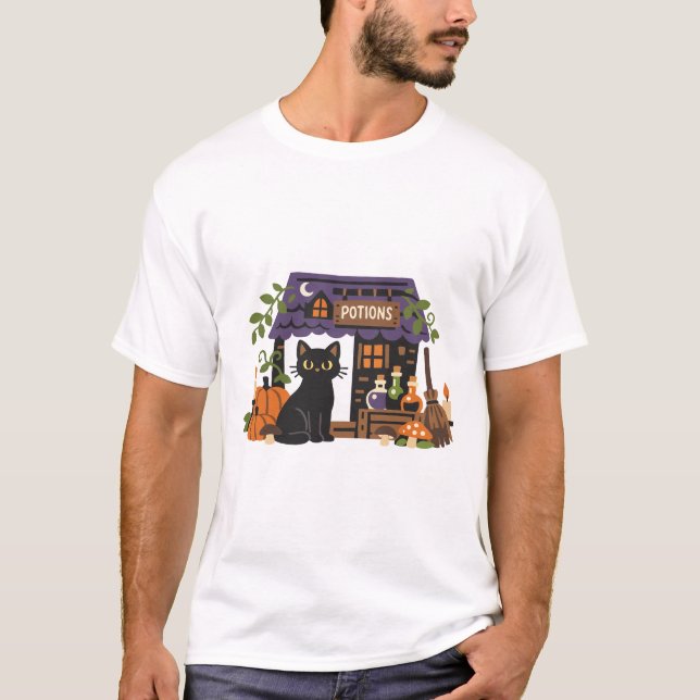 T-shirt Boutique de potion de chat noir mignon Halloween (Devant)