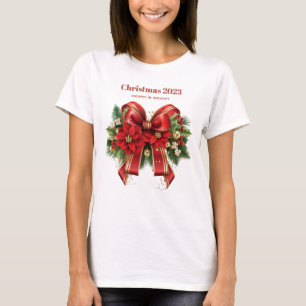 T-shirt Bow de Noël Festif Rouge et Or