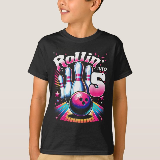 T-shirt Bowling Birthday Rollin Into 5 Party 5th Birthday  (Devant)