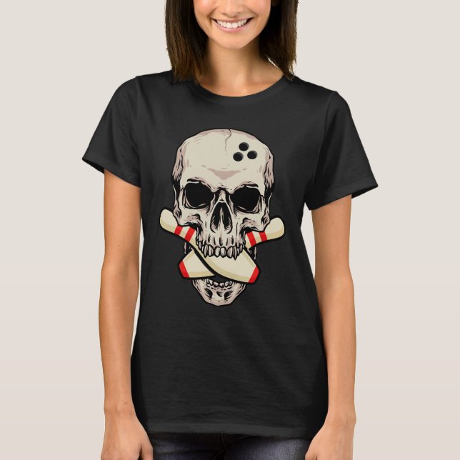 T-shirt Bowling Pins Retro Skull Skeleton Head Bowling Bal (Devant)