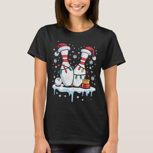 T-shirt Bowling Santa Hat Funny Christmas Long Sleeve  (Devant)