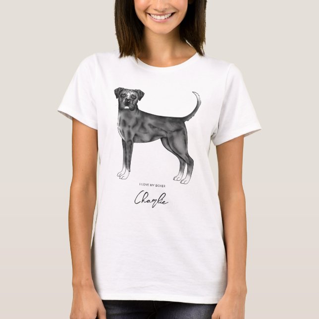 T-shirt Boxer Chien En Noir & Blanc J'Aime Mon Boxer & Nom (Devant)