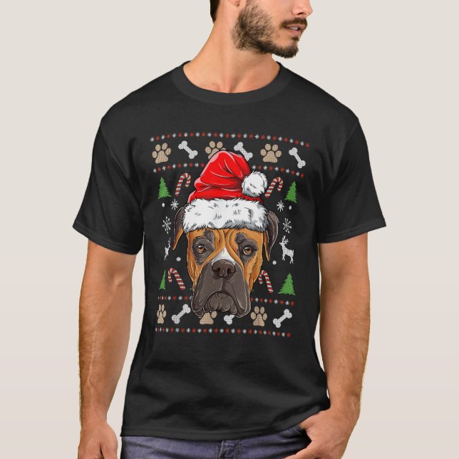 T-shirt Boxer Ugly Christmas Dog Santa Hat Xmas Boys Kids  (Devant)