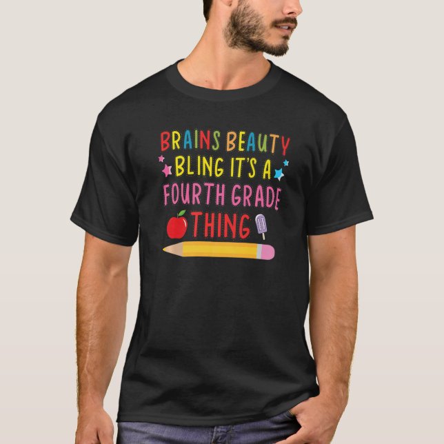 T-shirt Brains Beauty Bling Son une fille de 4e année (Devant)