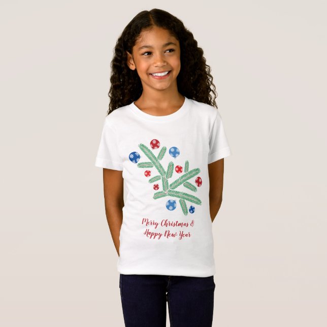 T-Shirt Branche d'arbre de Noël avec décorations de flocon (Devant entier)