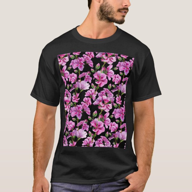 T-shirt Branches de géranium, bourgeons roses aquarelles. (Devant)