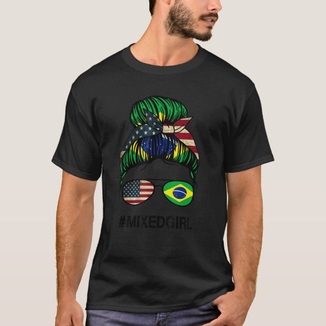 T-shirt Brazil American Flag   USA Brazilian Messy Bun (Devant)