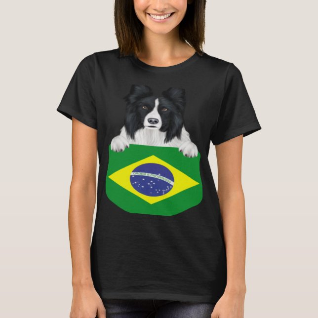 T-shirt Brazil Flag Border Collie Dog In Pocket (Devant)