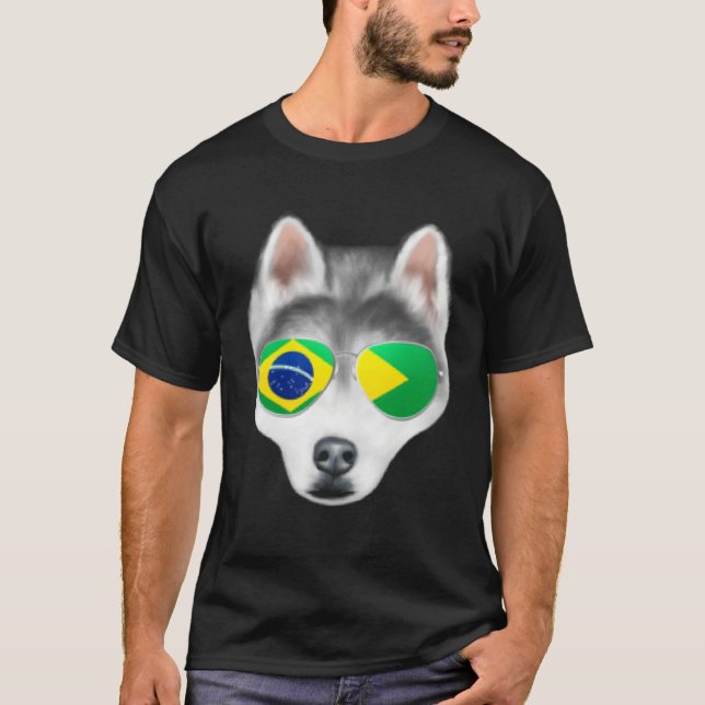 T-shirt Brazilian Flag Siberian Husky Dog Brazil Pocket (Devant)