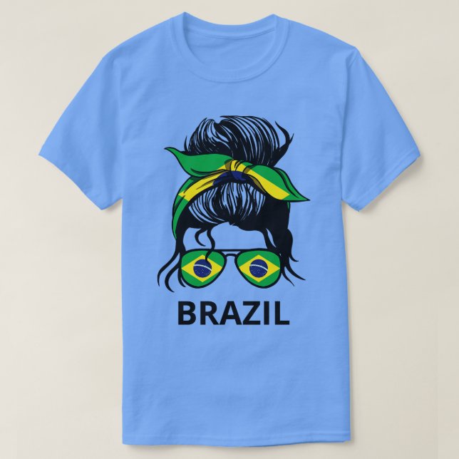 T-shirt Brésil Drapeau Femme Brésilienne Avec Messy Bun I (Design devant)