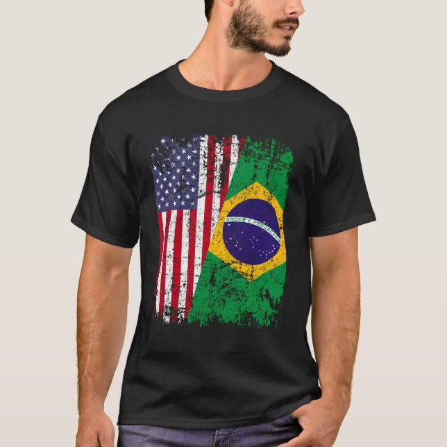 T-shirt Brésil : Racines à moitié drapeau américain Brésil (Devant)
