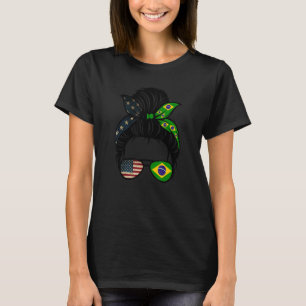 T-shirt Brésil USA Drapeau Messy Bun Femme Maman Brésilien