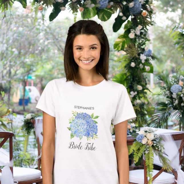 T-shirt Bride Tribe Floral Blue Hydrangea Foliage Mariage (Créateur téléchargé)