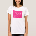 T-shirt Bridesmaid Script Bacheloror Party Femmes rose<br><div class="desc">Custom Ajouter Image Texte Ici Vêtements Vêtements Modèle Personnalisé Conception Avant Imprimer Femme Rose Blanc Bachelorette Party Bridesmaid Script Name Basic T-Shirt.</div>