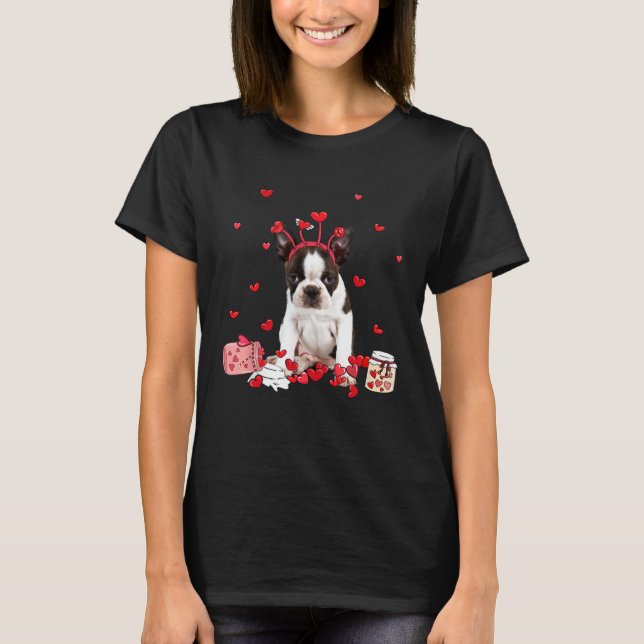 T-shirt Brindle Boston Terrier With Heart Shape Valentine (Devant)