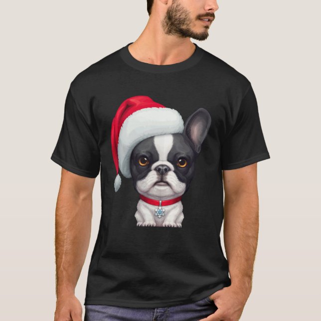 T-shirt Brindle Pied French Bulldog in Santa Hat Christmas (Devant)