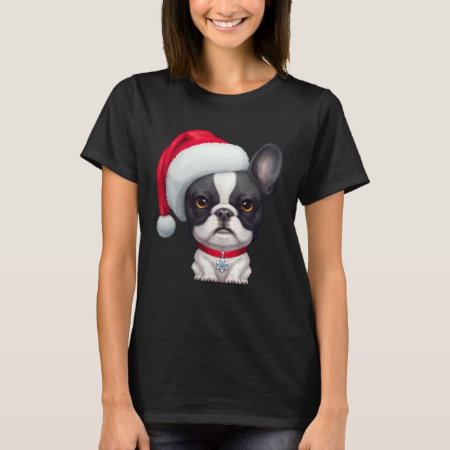 T-shirt Brindle Pied French Bulldog in Santa Hat Christmas (Devant)