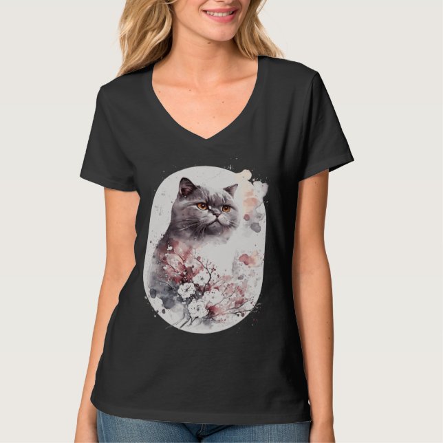 T-shirt British Shorthair Cat Japanese Cherry Blossom Saku (Devant)