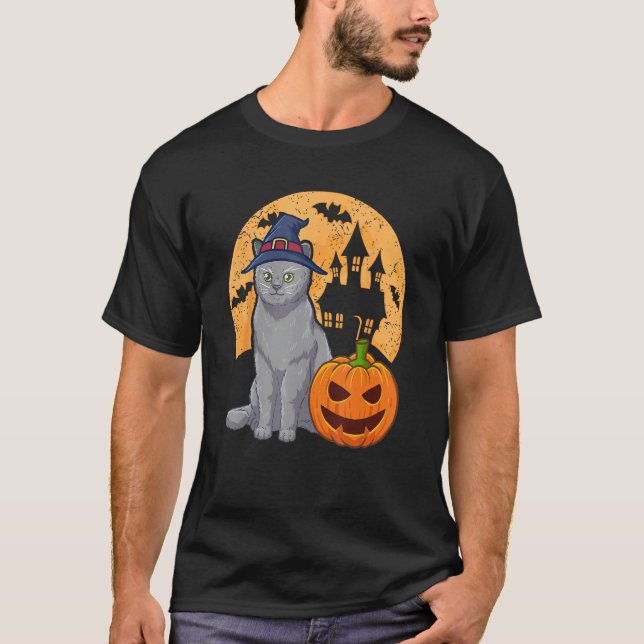 T-shirt British Shorthair Cat With Witch Hat And Pumpkin H (Devant)