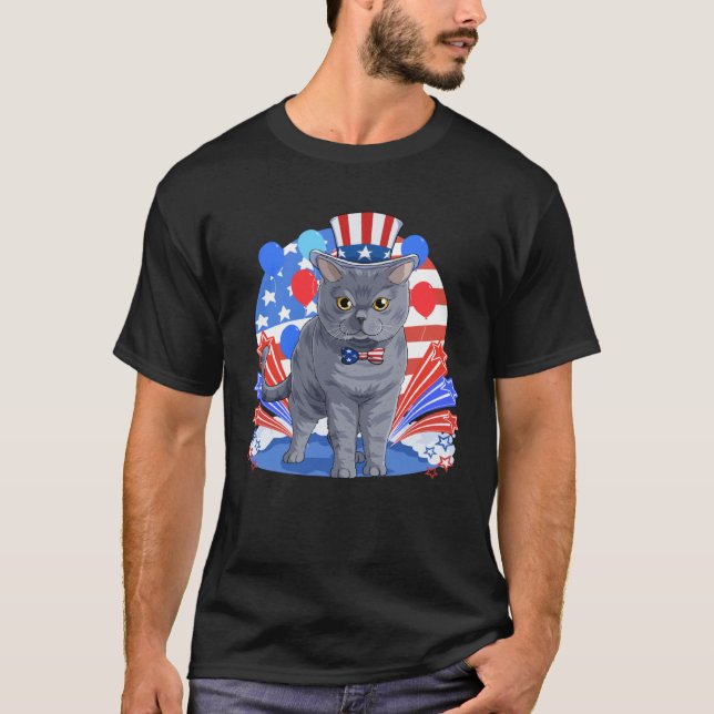 T-shirt British Shorthair Merica 4th of July American Flag (Devant)