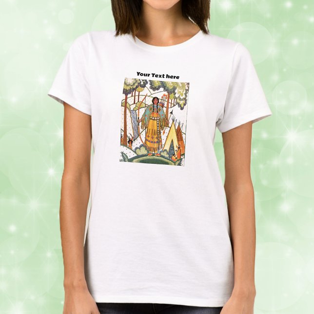 T-shirt Broderie de Tepee de la cascade amérindienne Lady (Native American lady in forest by waterfall in traditional clothing with embroidered look on shirt.)