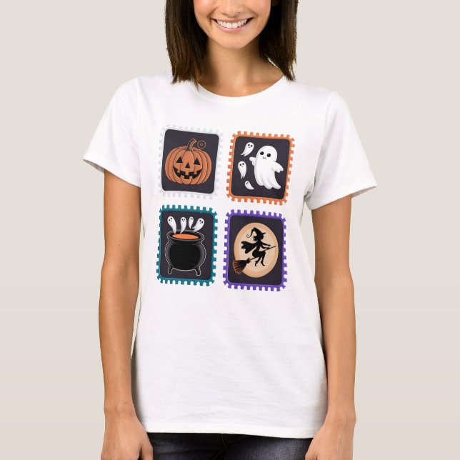T-shirt Broderie de timbre d'Halloween - Citrouille, Fantô (Devant)