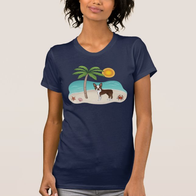 T-shirt Brown Boston Terrier À Une Plage Tropicale D'Été (Devant)