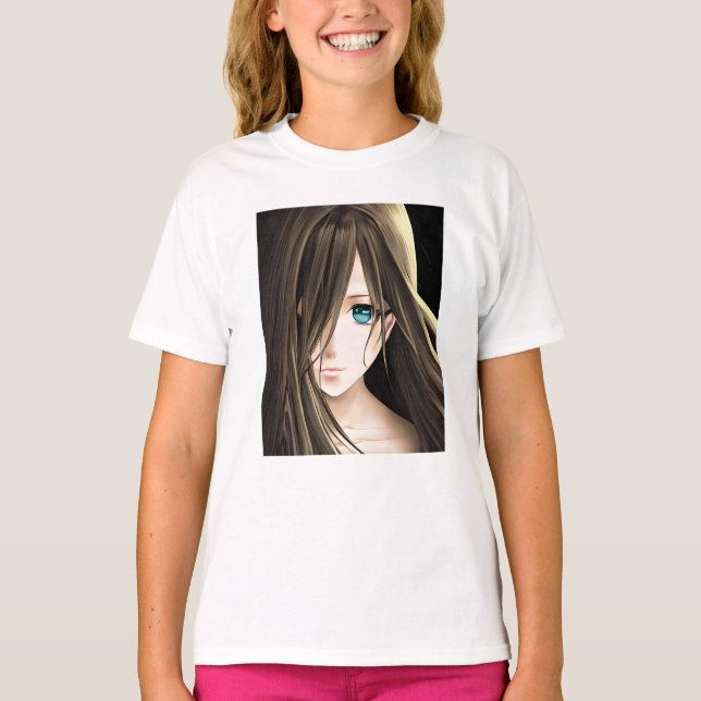 T-shirt Brown Haired Blue Eyed Anime Girl (Devant)