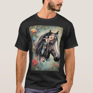 T-shirt Brown horse in flowers.