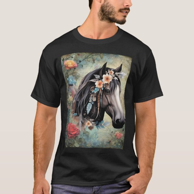 T-shirt  Brown horse in flowers. (Devant)