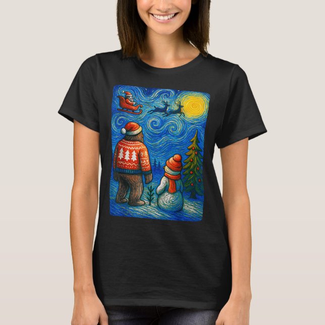 T-shirt Bruh Bigfoot Snowman Starry Night Christmas Xmas M (Devant)