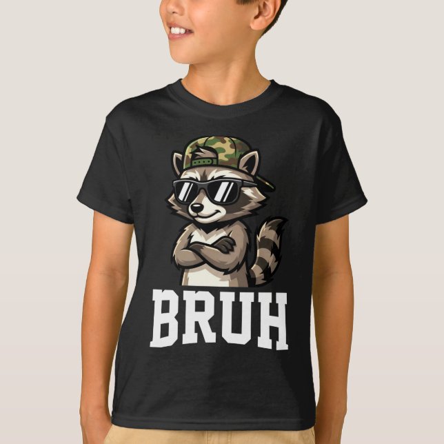 T-shirt Bruh Raccoon Camo Hat Funny Youth Teens Kids Slang (Devant)