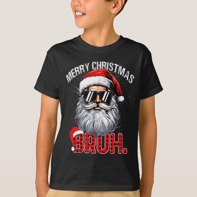 T-shirt Bruh Santa Hat Funny Christmas Red Plaid Men Boys  (Devant)