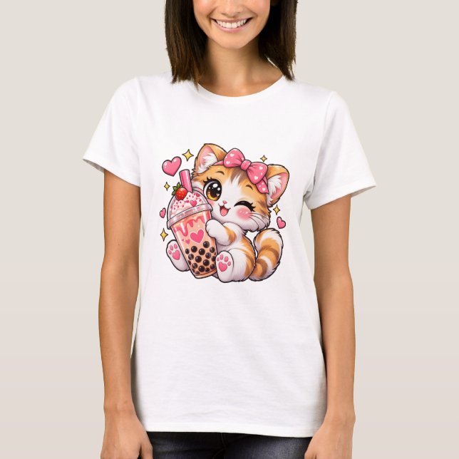 T-shirt Bubble Tea Chat Mignon Kawaii  (Devant)