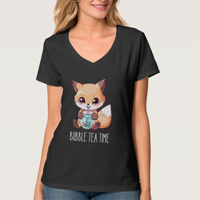 T-shirt Bubble Tea Time - Cute Fox Boire Boba Tea (Devant)