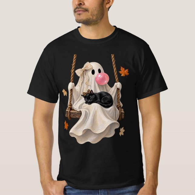 T-shirt Bubblegum Ghost & Black Cat Swing Halloween  (Devant)