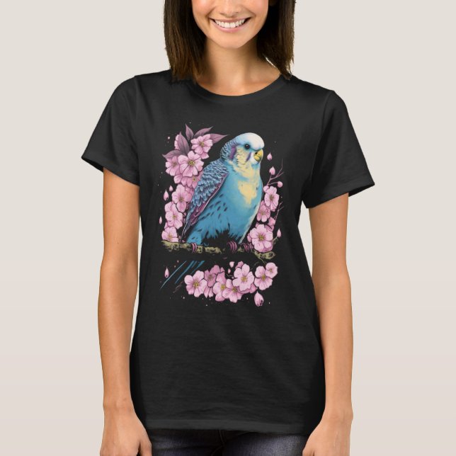 T-shirt Budgie Budgerigar Bird Japanese Cherry Sakura Flow (Devant)