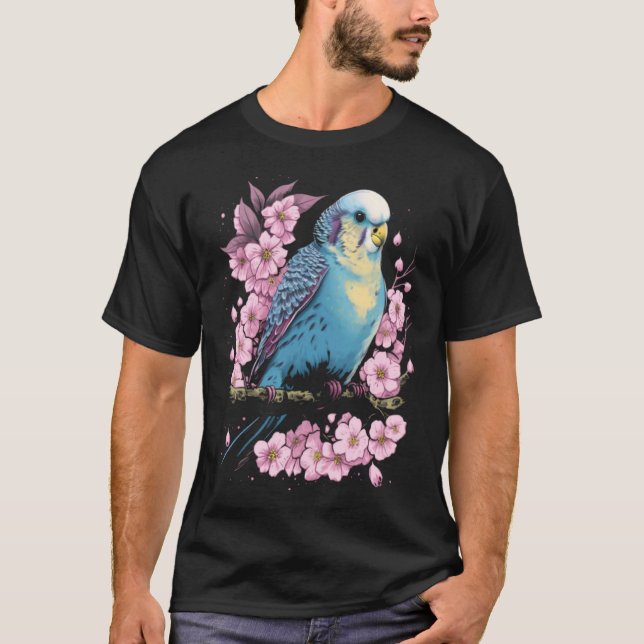 T-shirt Budgie Budgerigar Bird Japanese Cherry Sakura Flow (Devant)
