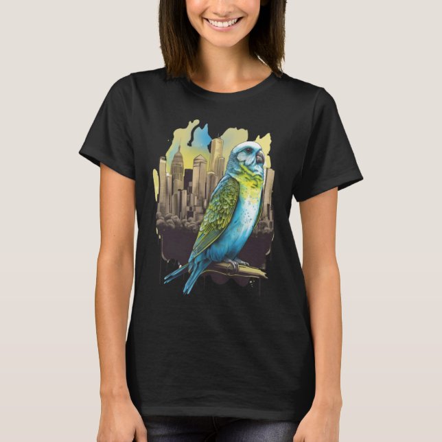 T-shirt Budgie Budgerigar Parakeet City Skyline Parrot Bir (Devant)