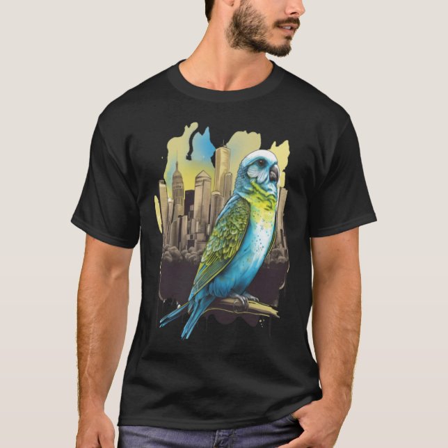T-shirt Budgie Budgerigar Parakeet City Skyline Parrot Bir (Devant)