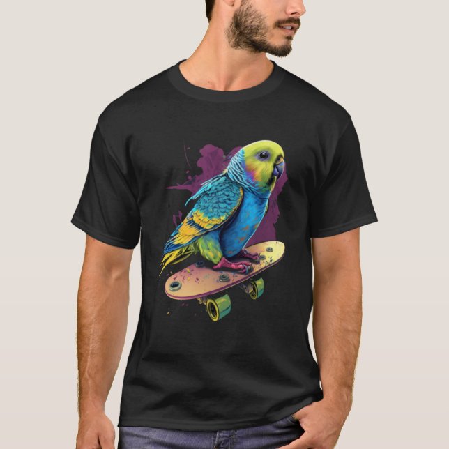 T-shirt Budgie Skateboard Budgerigar Parakeet Bird (Devant)