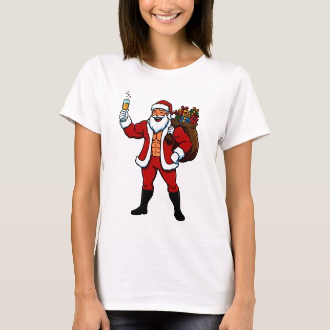 T-shirt Buff Santa Cheers! Ripped Santa Claus with Champag (Devant)