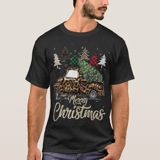 T-shirt Buffalo Plaid Arbre de Noël Camion Rouge Avec Leop (Devant)