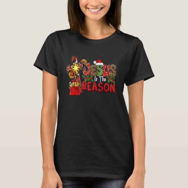 T-shirt Buffalo Plaid Leopard Jesus Is The Reason Christma (Devant)